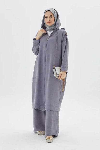 Gray Zippered Full Abaya Set Modest Long Hooded Tunic Set