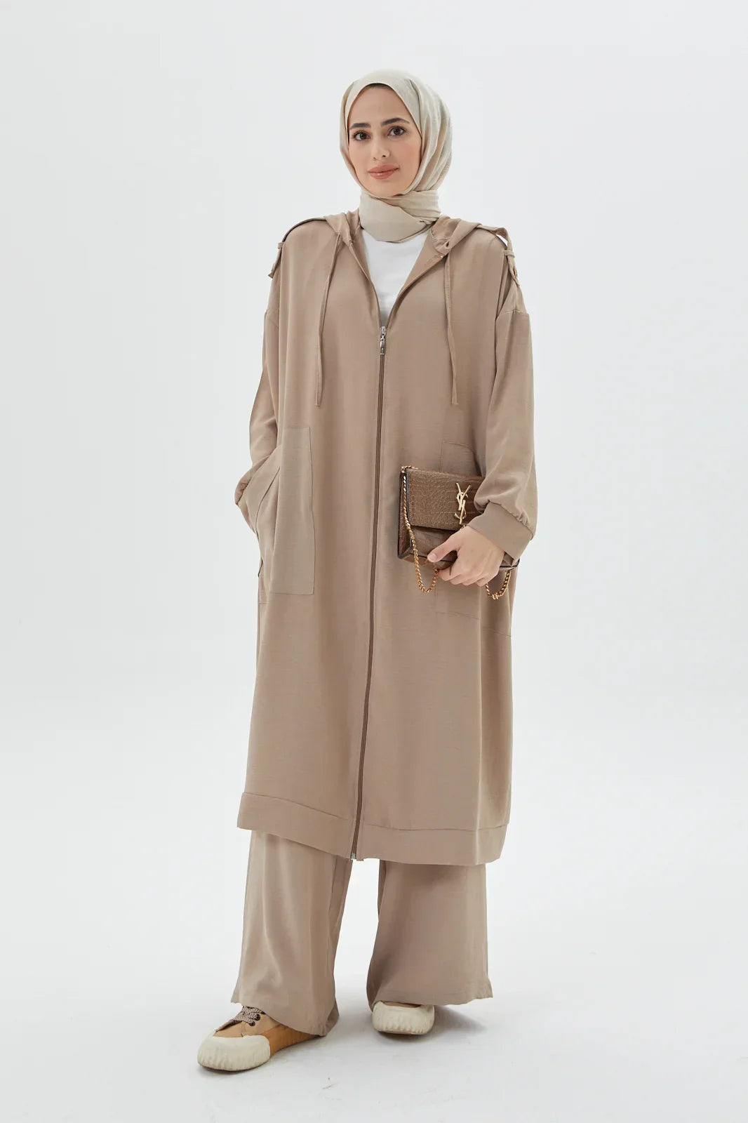 Zippered Mink Modest Abaya Set A Long Hooded Tunic Set