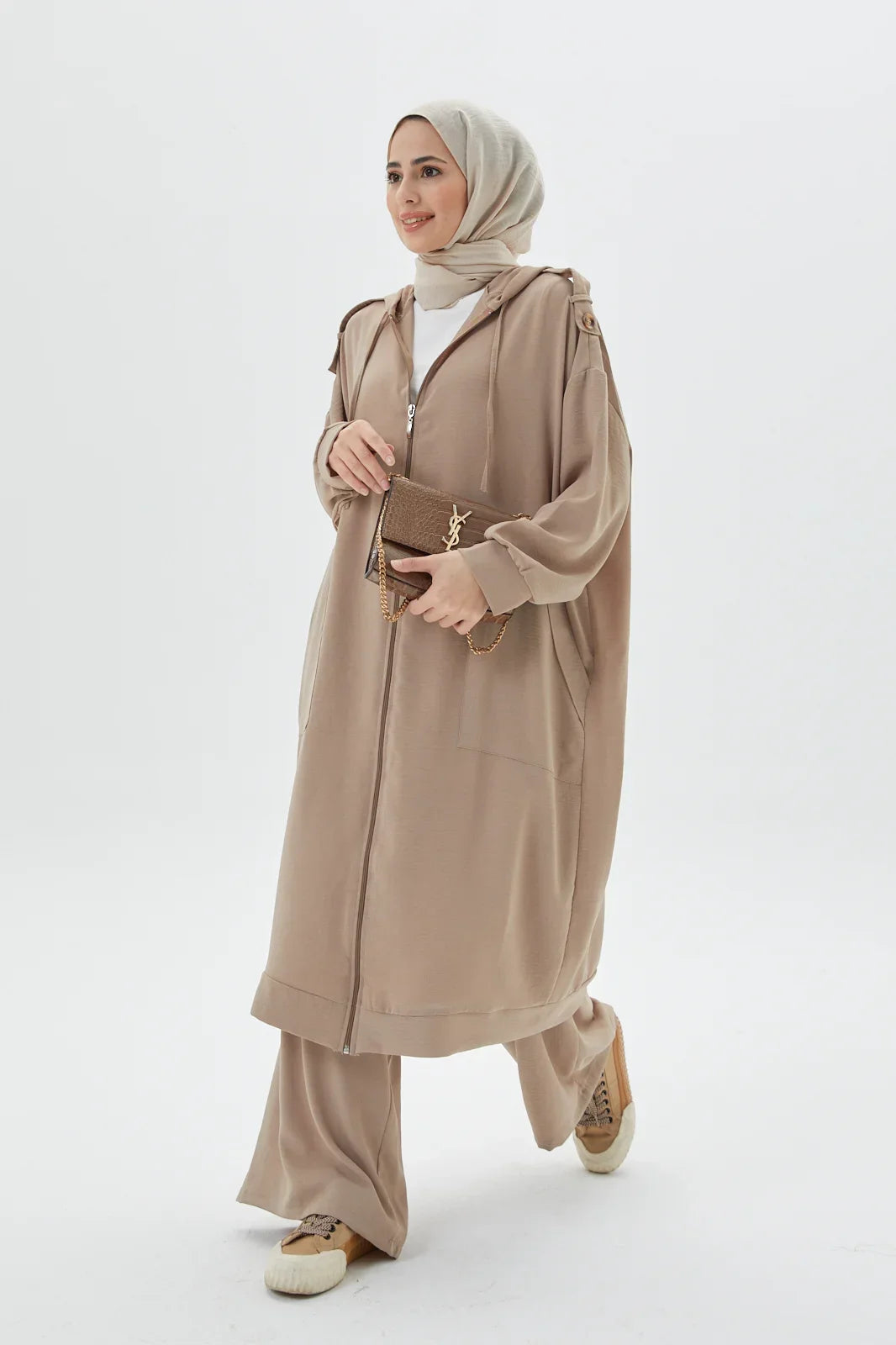 Zippered Mink Modest Abaya Set A Long Hooded Tunic Set