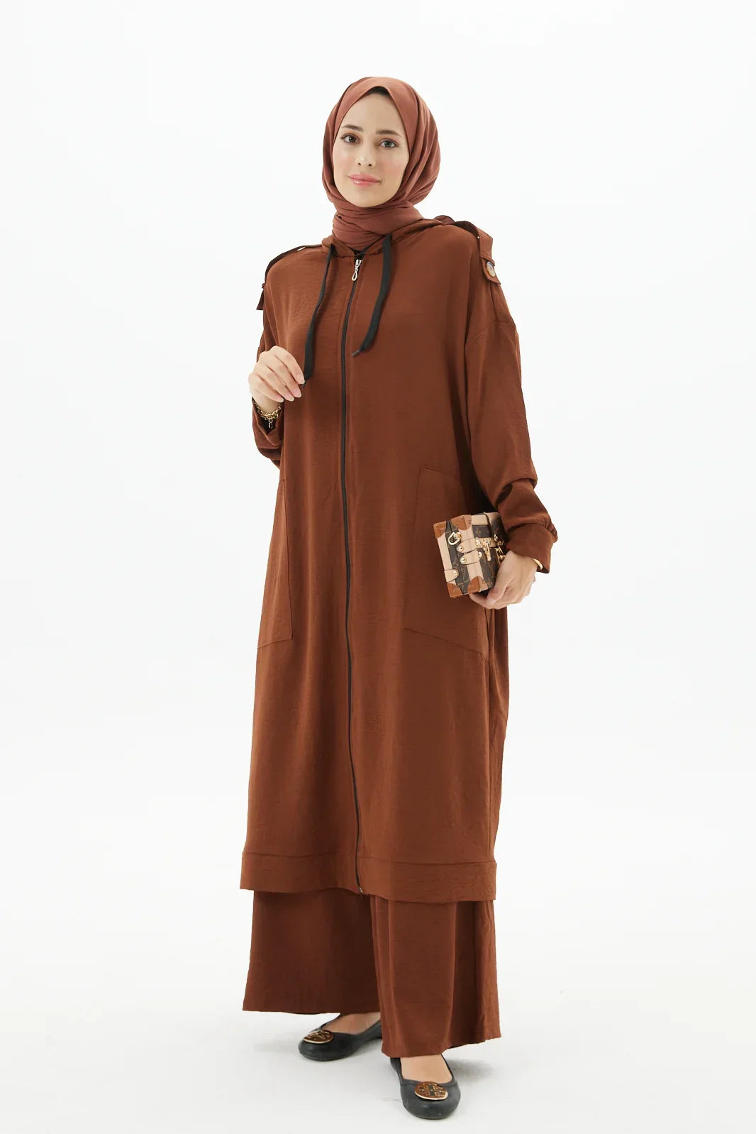 Kahve Zippered Coffee Brown Abaya Full Set Turkista