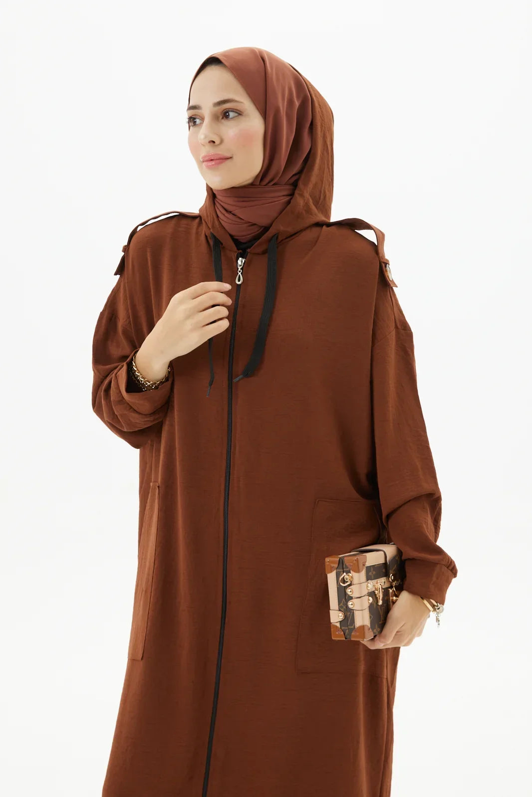 Kahve Zippered Coffee Brown Abaya Full Set Turkista