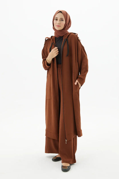 Kahve Zippered Coffee Brown Abaya Full Set Turkista