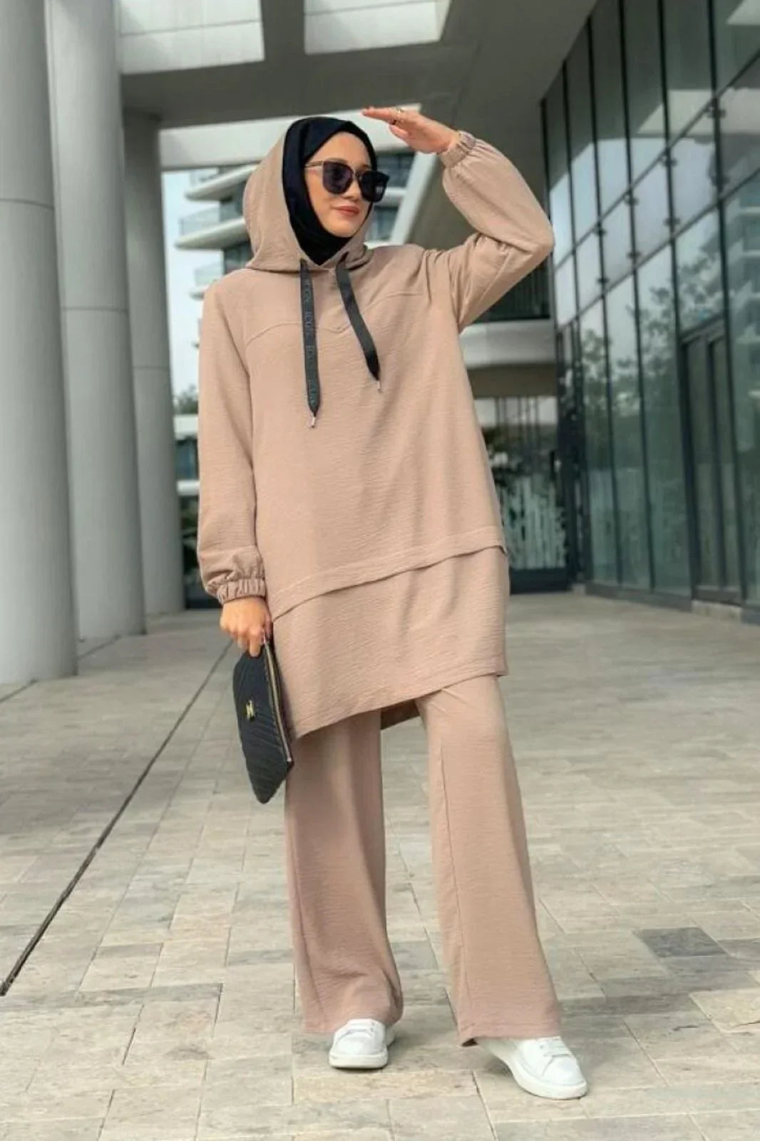 2-Piece Hooded Tunic Set Modest Outfit Light Brown Abaya Set