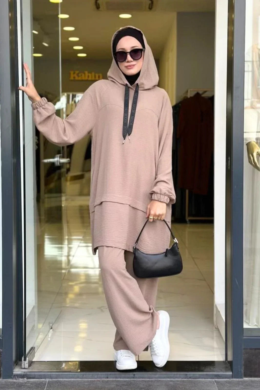 2-Piece Hooded Tunic Set Modest Outfit Light Brown Abaya Set