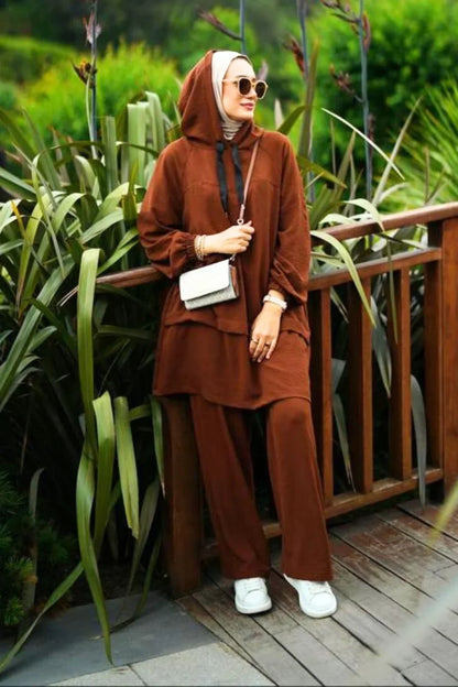 2-Piece Hooded Set Modest Outfit Coffee Brown Abaya Set