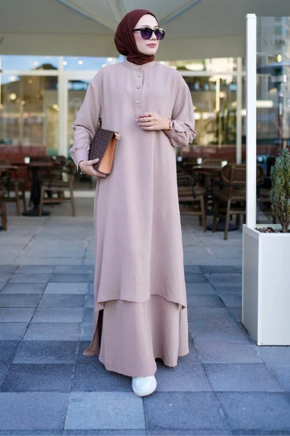 2-Piece Saye Takim Light Brown Modest Outfit Abaya Set