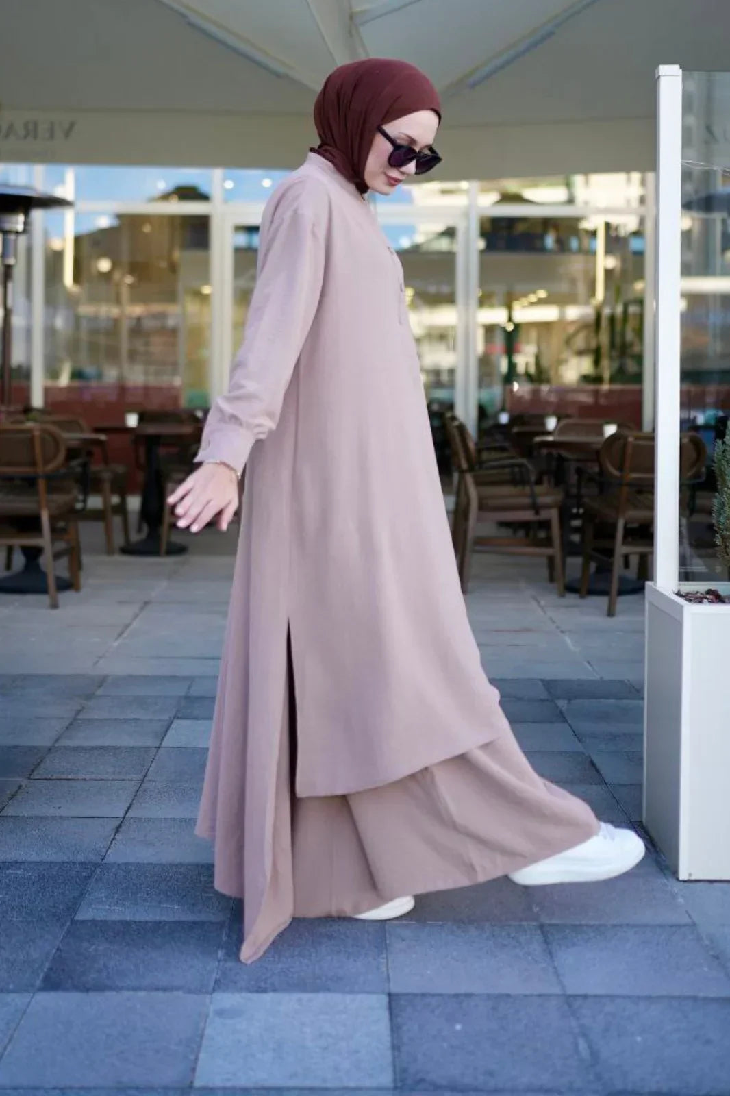 2-Piece Saye Takim Light Brown Modest Outfit Abaya Set