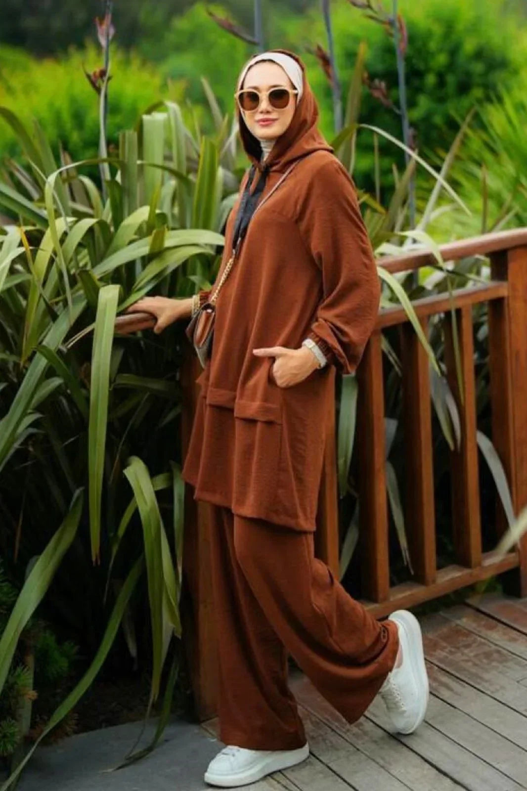 2-Piece Hooded Set Modest Outfit Coffee Brown Abaya Set