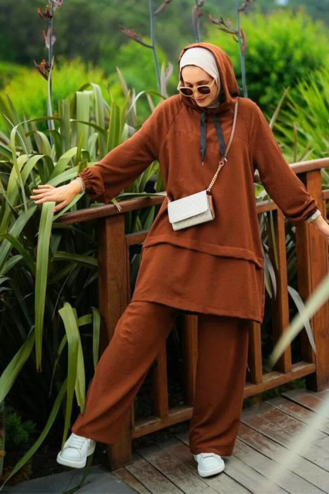 2-Piece Hooded Set Modest Outfit Coffee Brown Abaya Set