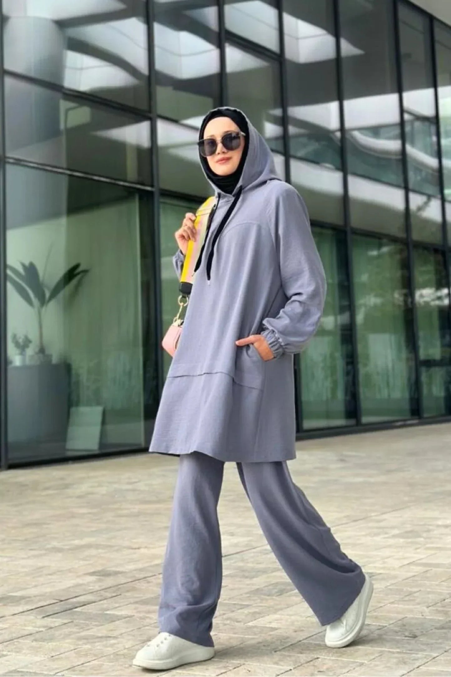 2-Piece Hooded Tunic Set Modest Outfit Grey Abaya Set