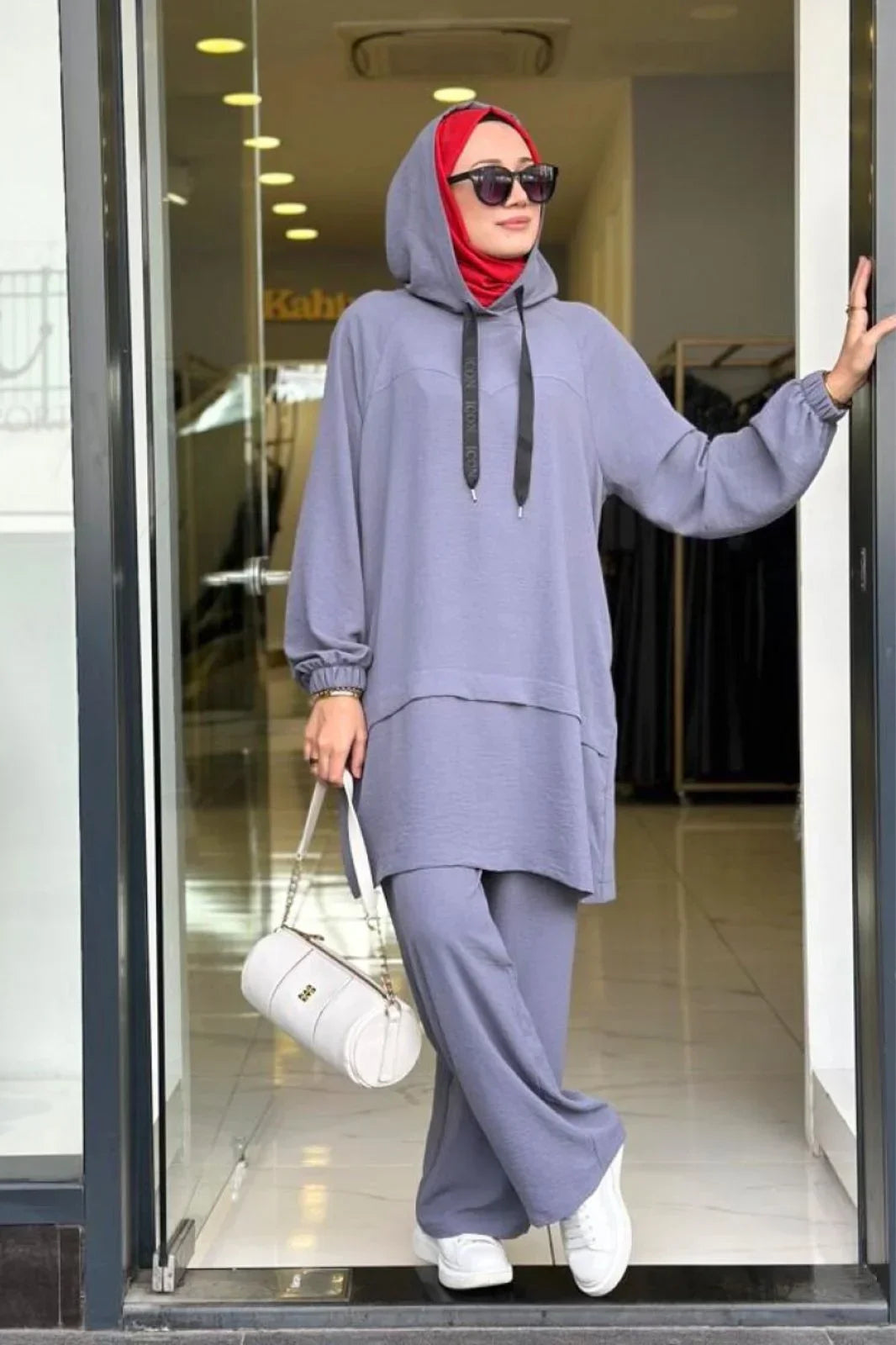 2-Piece Hooded Tunic Set Modest Outfit Grey Abaya Set